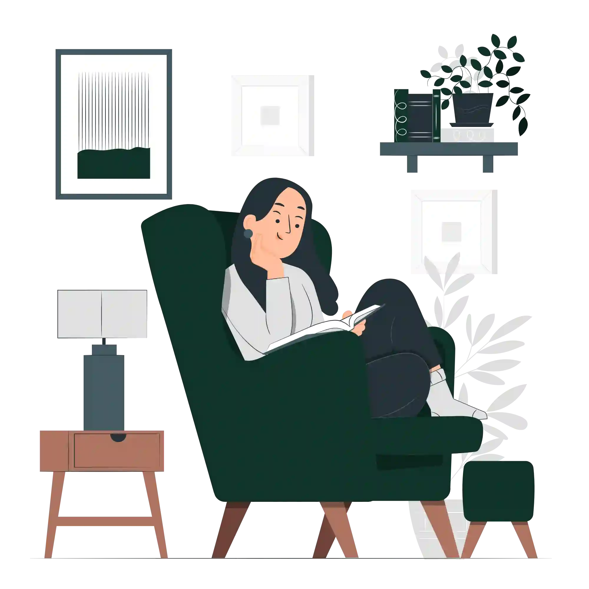 Dena Home website homepage illustration of a stylish living room decorated with a woman reading a book in a comfortable armchair, a table lamp next to her, paintings and plants. It emphasizes the themes of comfort and style.